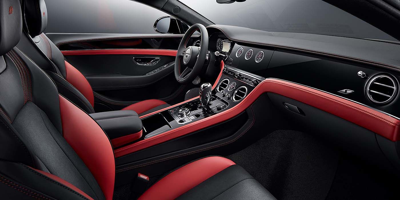 Bentley Padova Bentley Continental GT S coupe front interior in Beluga black and Hotspur red hide with high gloss Carbon Fibre veneer