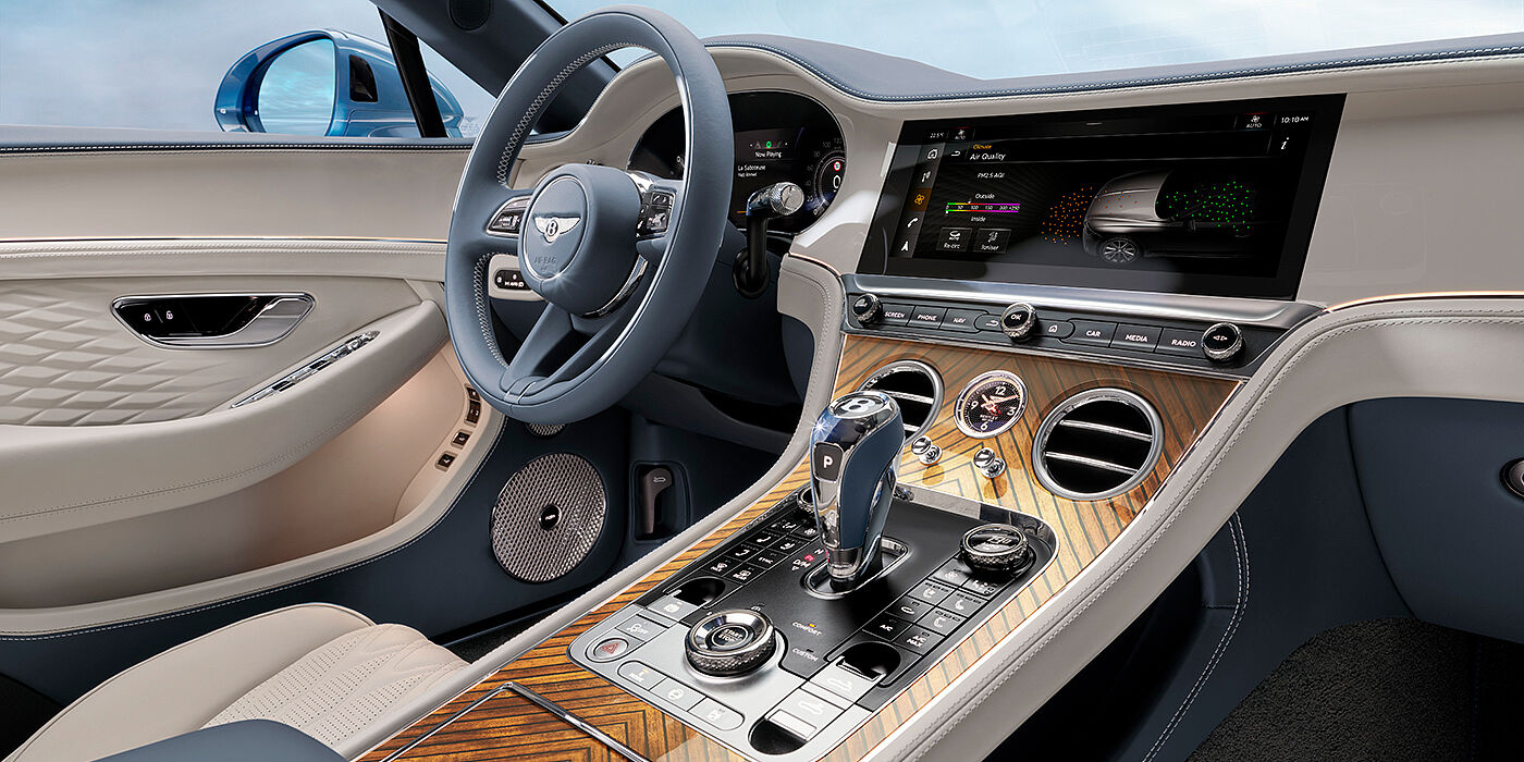 Bentley Padova New Bentley Continental GTC Azure convertible interior front cabin view with Linen and Brunel hides and Piano Linen by Mulliner veneer featuring centre console and centre MMI screen