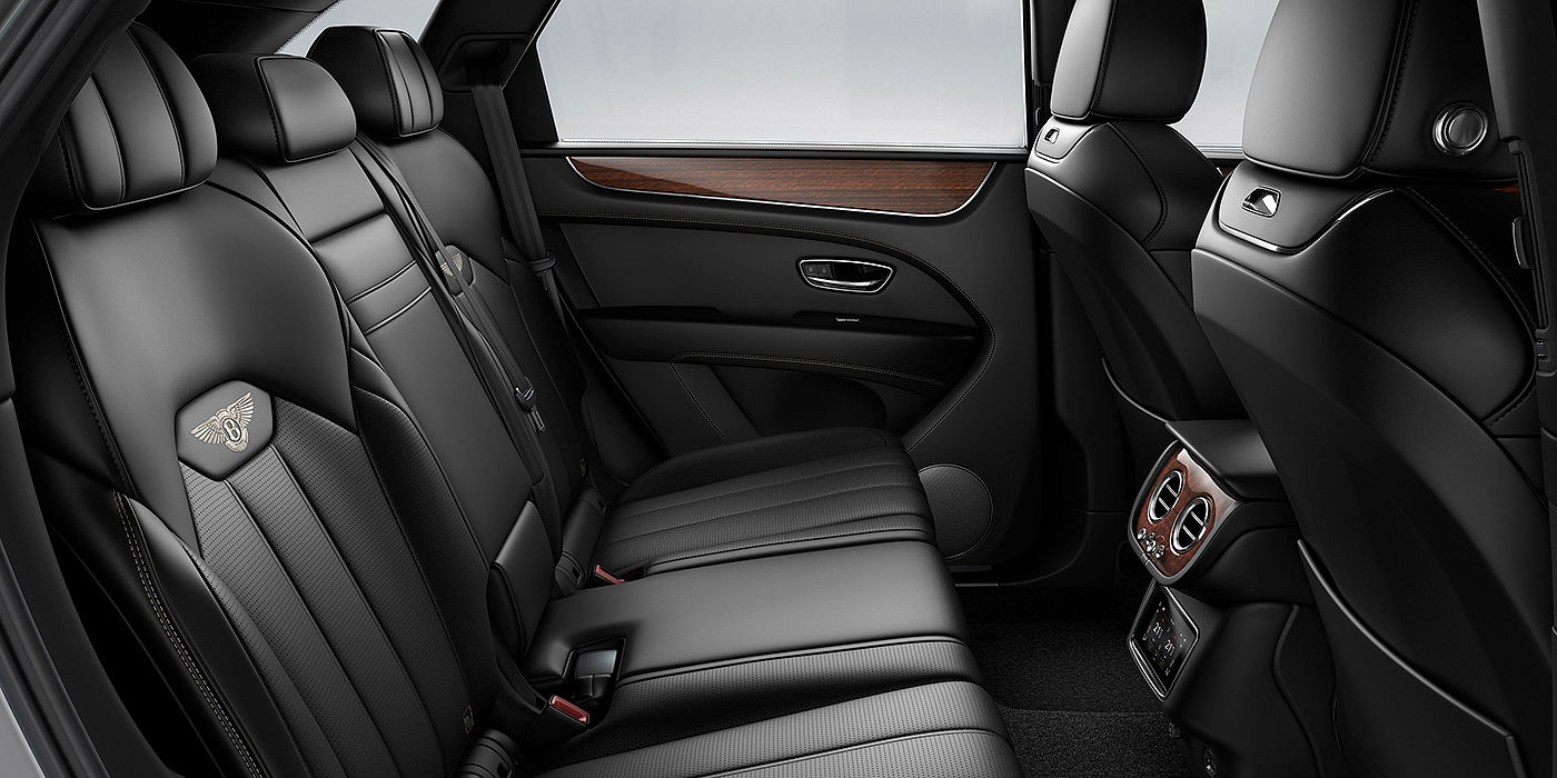 Bentley Padova Bentey Bentayga interior view for rear passengers with Beluga black hide.