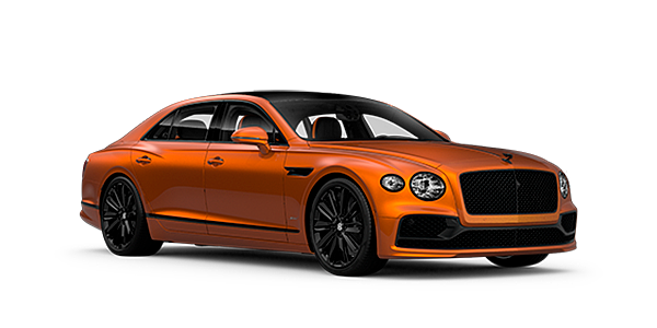 Bentley Padova Bentley Flying Spur Speed front side angled view in Orange Flame coloured exterior. 