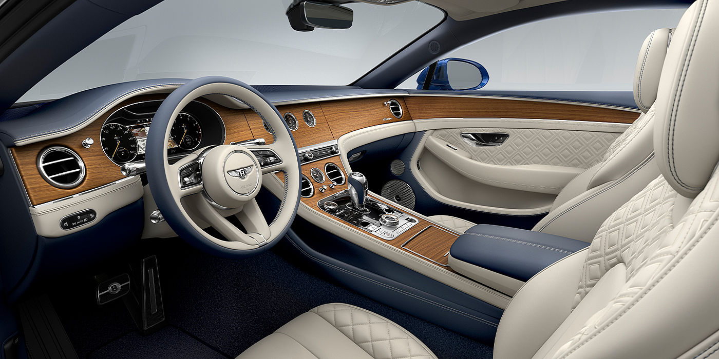 Bentley Padova Bentley Continental GT Azure coupe front interior in Imperial Blue and linen hide