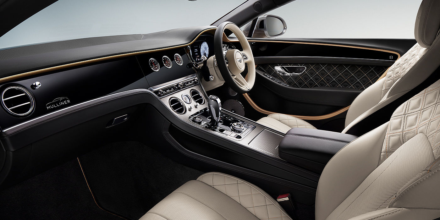 Bentley Padova Bentley Continental GT Mulliner coupe front interior in Beluga black and Linen hide