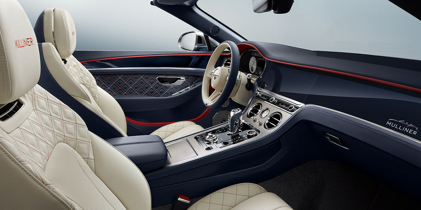 Bentley Padova Bentley Continental GTC Mulliner convertible front interior in Imperial Blue and Linen hide