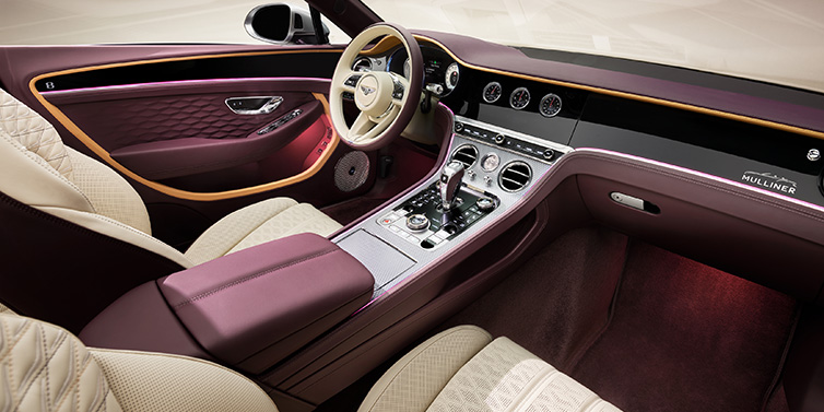 Bentley Padova Bentley Continental GTC Mulliner convertible front interior including Linen and Damson purple hides and Grand Black veneer