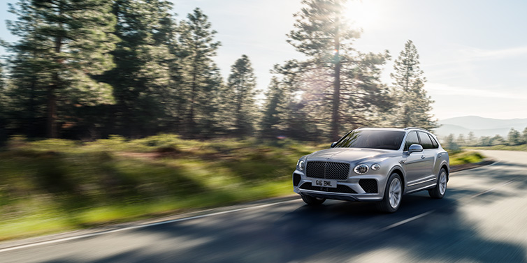 Bentley Padova Bentley Bentayga SUV front three quarter in Moonbeam silver paint driving dynamically along a tree-lined road