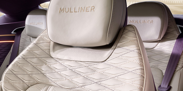 Bentley Padova Bentley Continental GT Mulliner coupe seat detail in Linen leather with Mulliner Diamond in Diamond quilting and Mulliner embroidered seat emblem